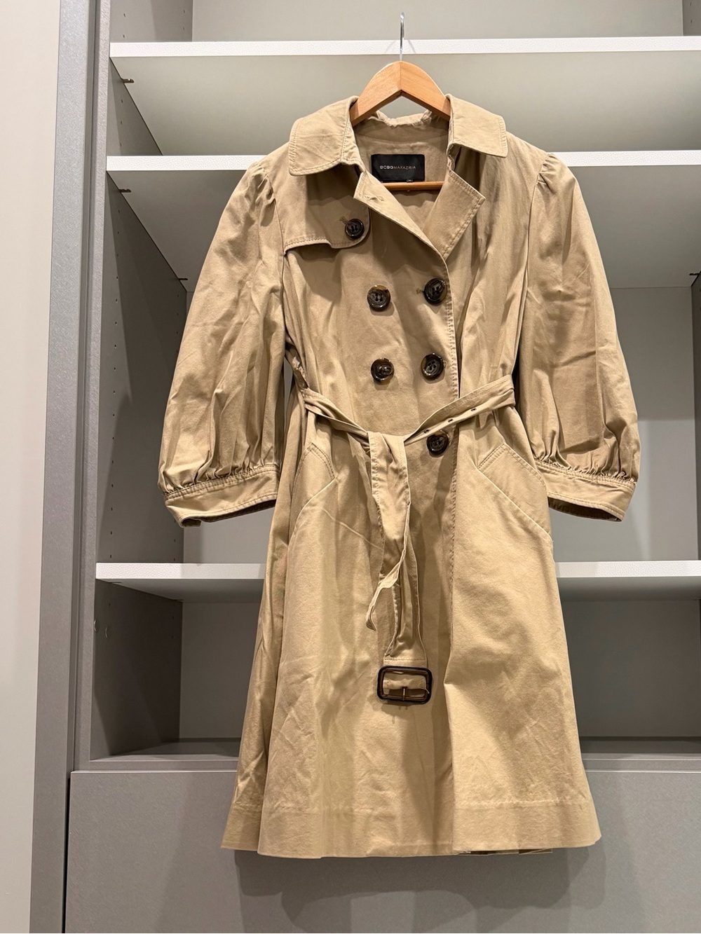 BCBGMaxAzria Khaki-Beige Puff Sleeve Trench Coat